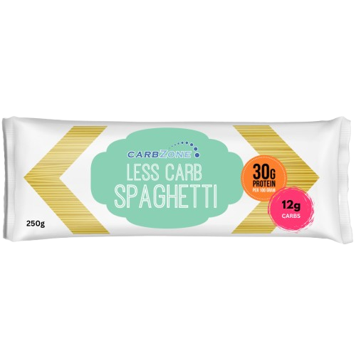 Package of Carbone Less Carb Spaghetti with nutritional information on a white background